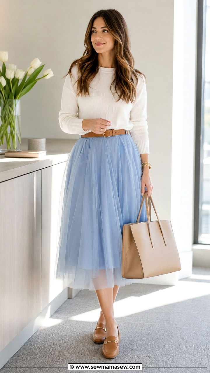Light Blue Tulle Skirt With White Crew Neck Sweater And Loafers - 25 Tulle skirt outfit ideas for work