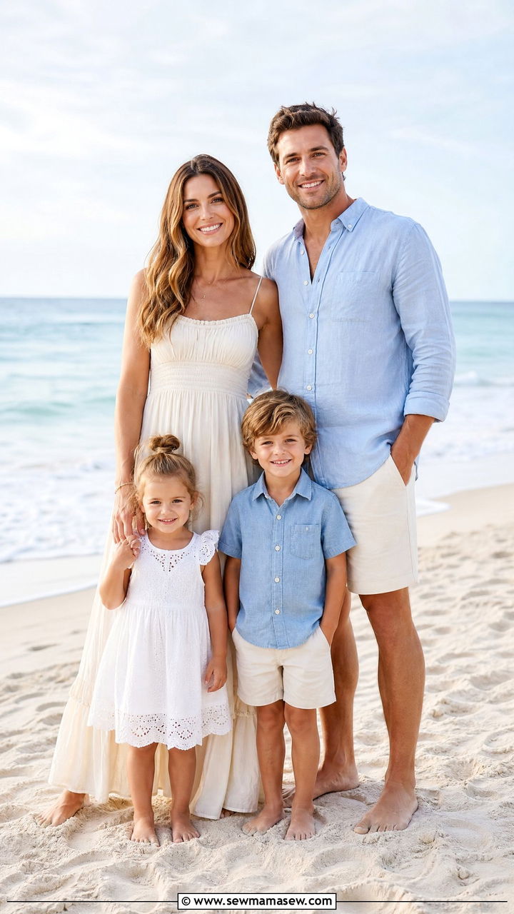 Light Blue and Cream Beach Outfits for Family Pictures - 30 summer family photoshoot outfit ideas
