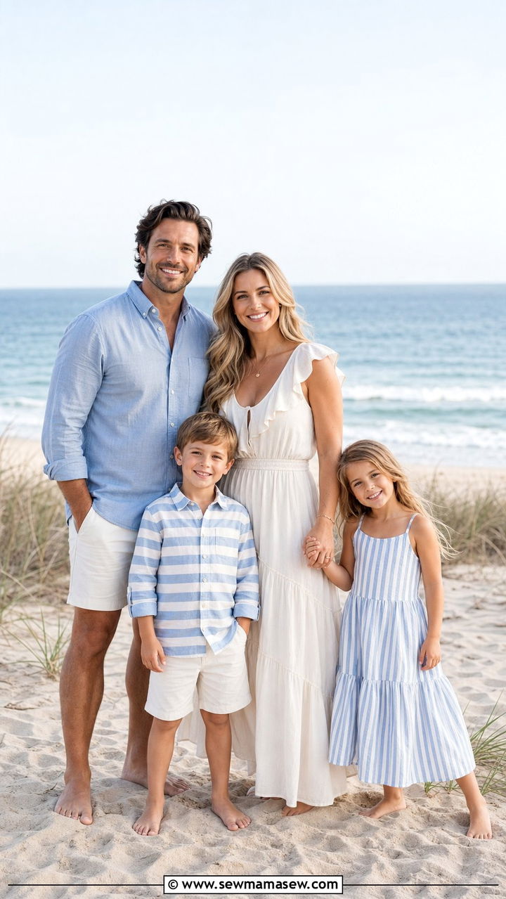 Light Blue and Cream Family Photo Outfits by Sandy Dunes - 25 Family photo outfit ideas summer 2026