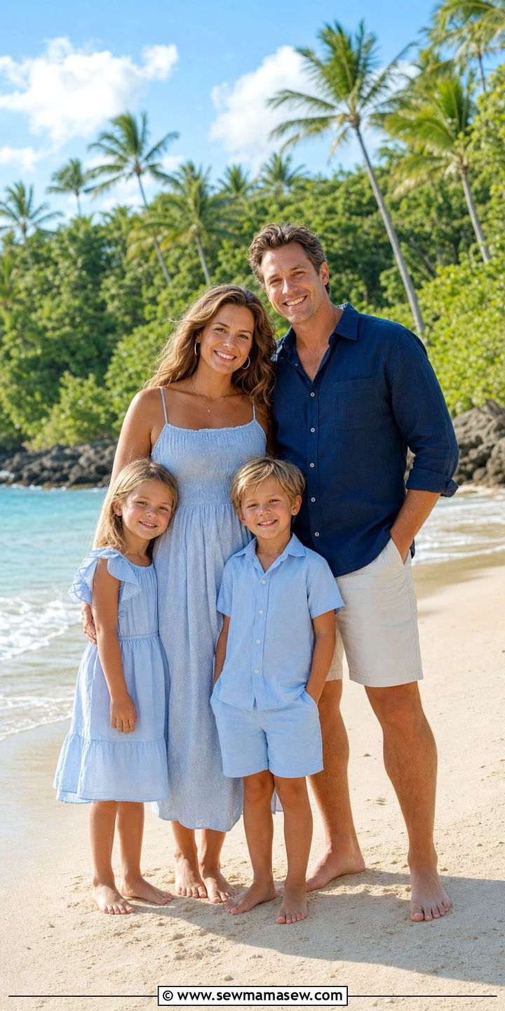 Light Blue and Navy Family Photo Outfits for a Tropical Beach - 25 Family photo outfit ideas summer 2026