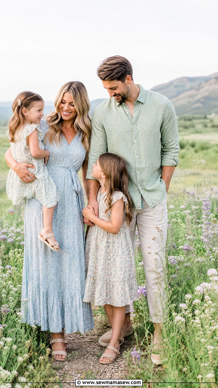 Light Blue and Sage Green for Spring Wildflower Fields - 30 Family photoshoot outfit ideas