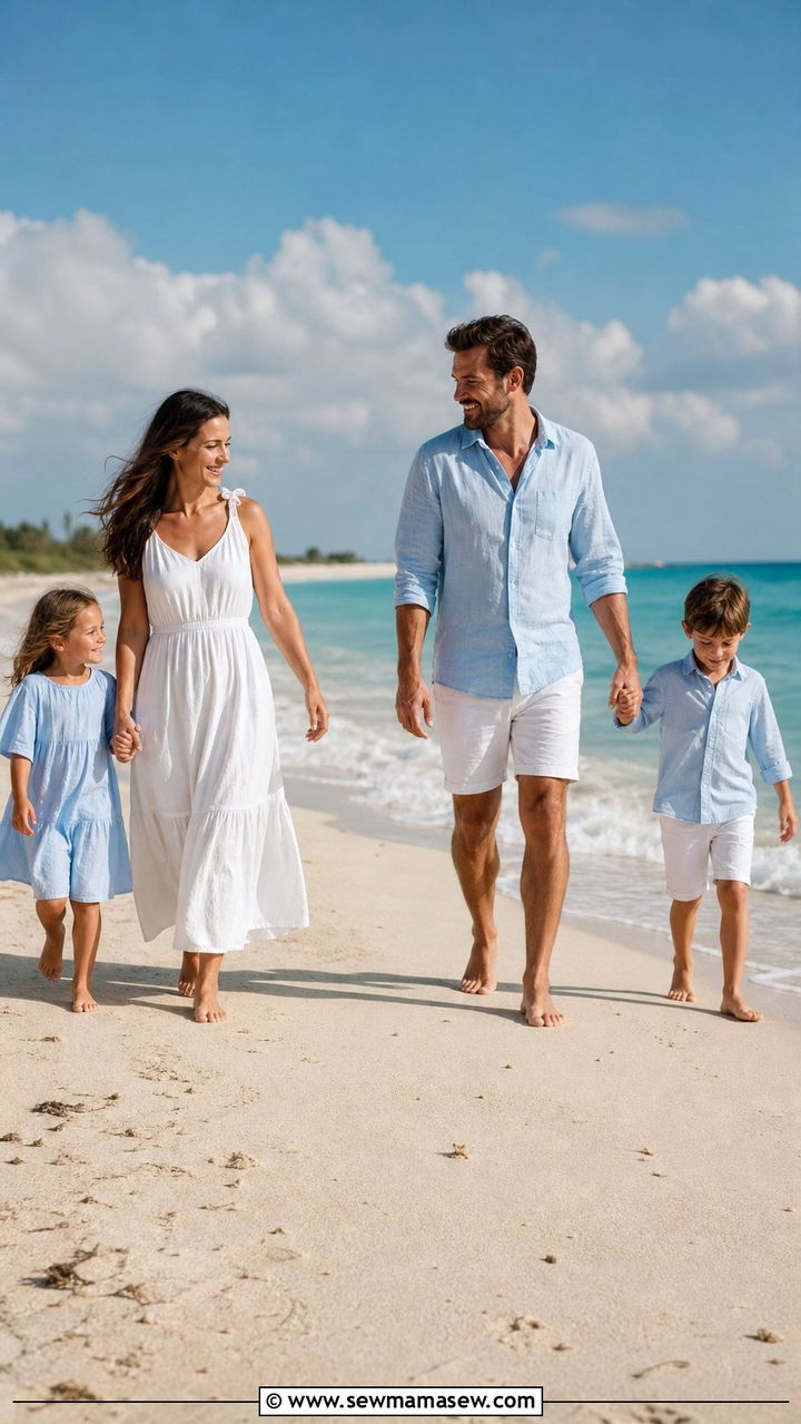 Light Blue and White Linen Family Photo Outfits on a Sandy Beach - 25 Family photo outfit ideas summer 2026