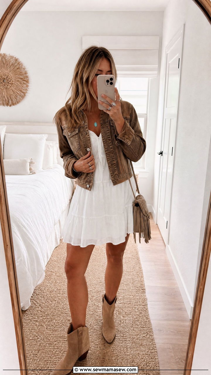 Light Brown Denim Jacket Over White Mini Dress With Ankle Boots - 25 casual coastal cowgirl outfits