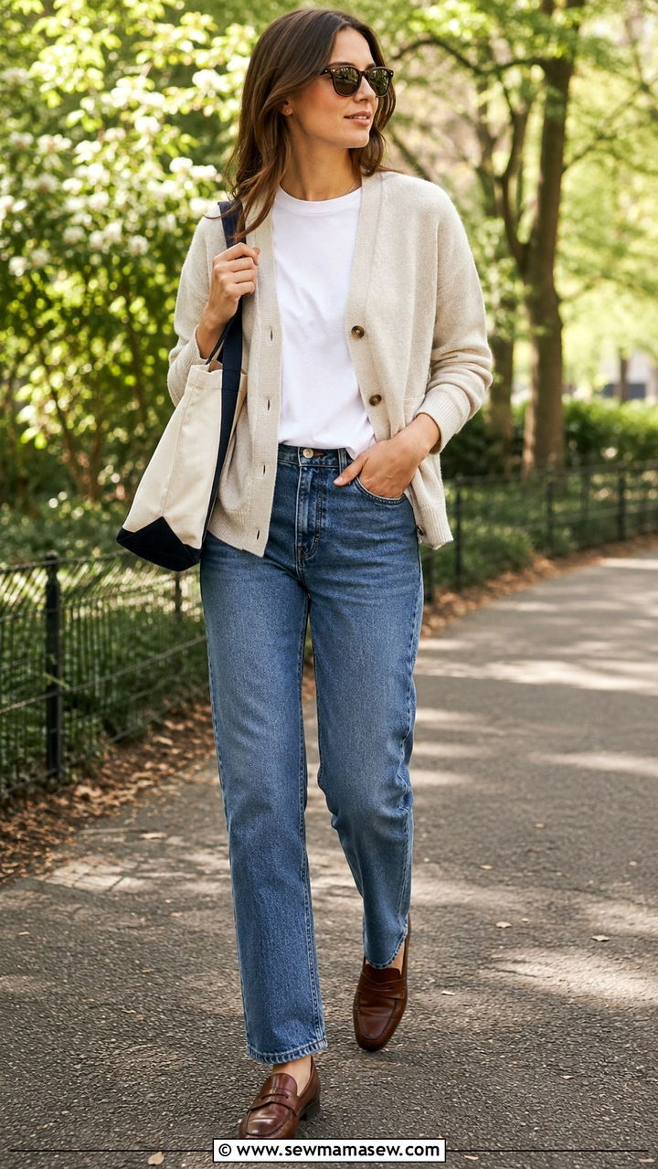 Light Cardigan Over a White Tee With Straight Leg Jeans - 30 casual 90s outfits