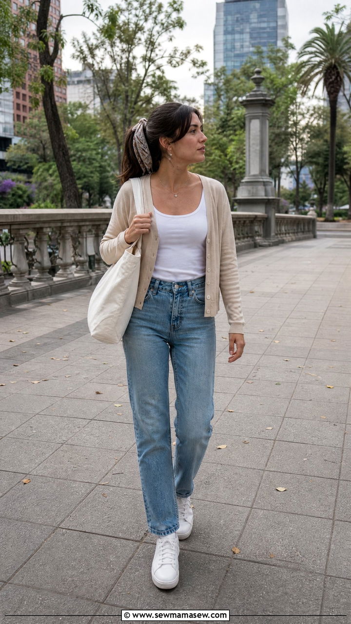 Light Cardigan With Jeans And Sneakers - 30 Mexico packing list outfits