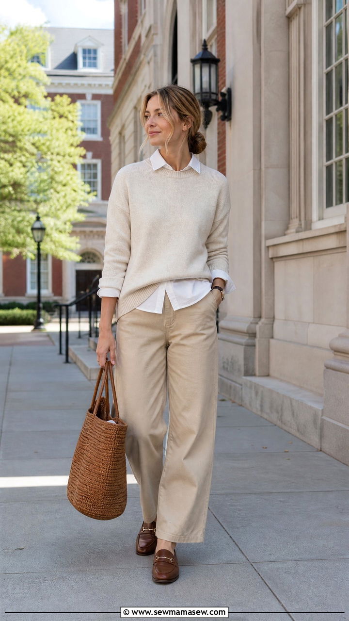 Light Cotton Sweater Layered Over White Button Down Outfit - 30 Coastal grandmother spring outfits