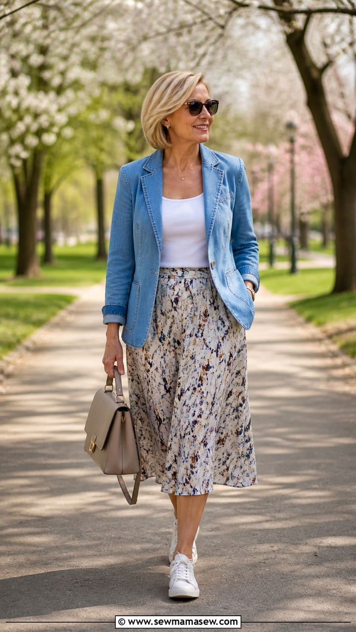 Light Denim Blazer Over Fluid Midi Skirt and Sneakers - 40 Spring outfit ideas for women over 50 2026