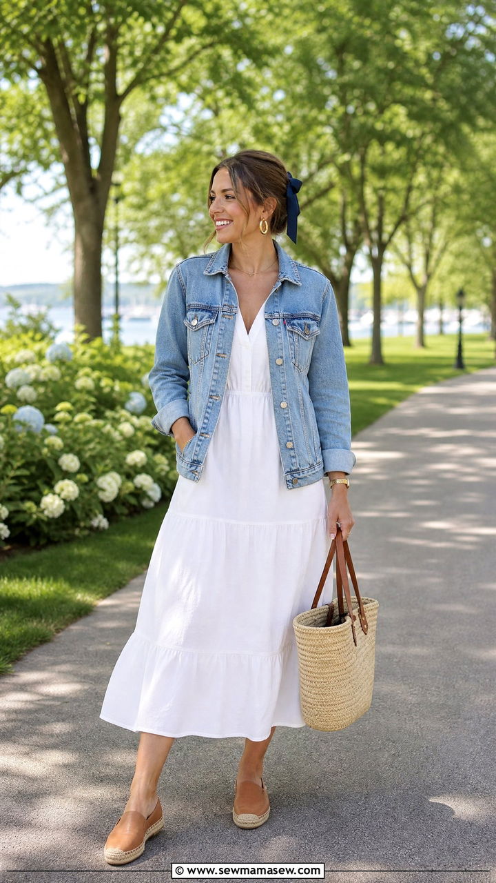 Light Denim Jacket And White Midi Dress Outfit - 30 Coastal grandmother spring outfits