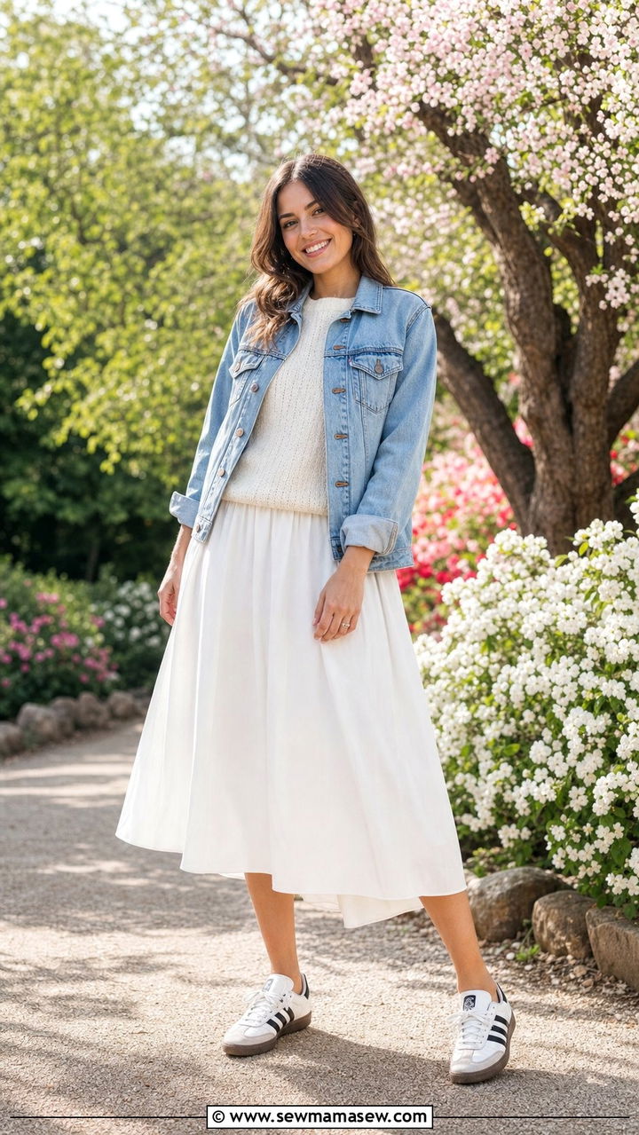 Light Denim Jacket With Knit Sweater And White Skirt With Sambas - 25 spring outfits with adidas sambas