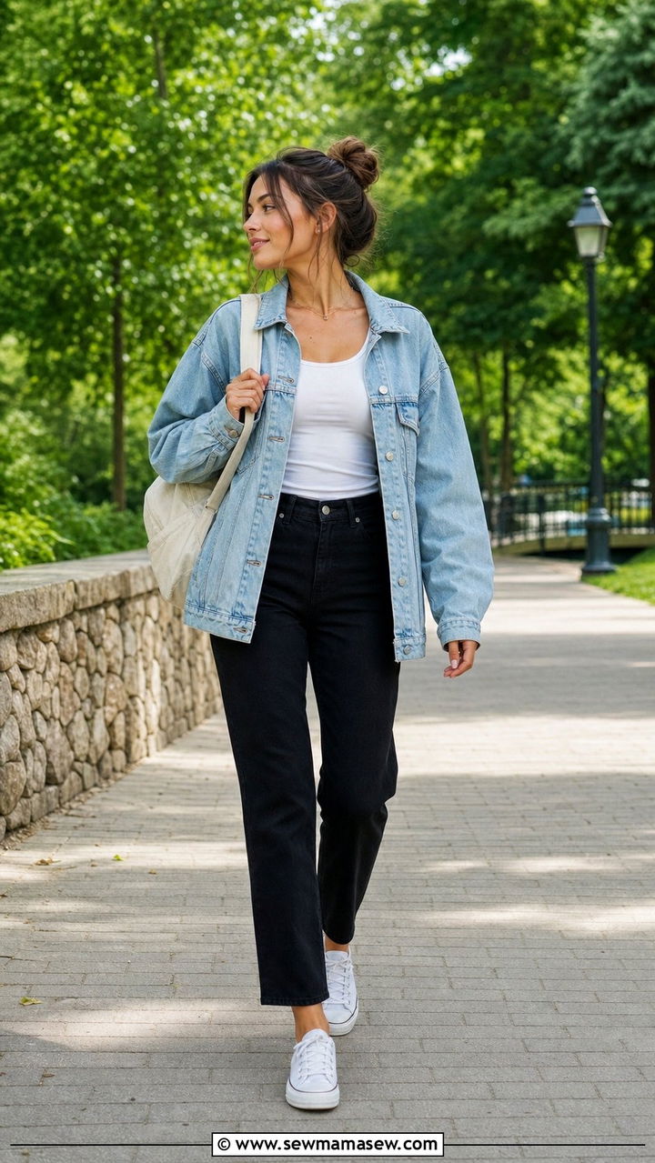 Light Denim Jacket with Black Jeans and White Sneakers - 25 Summer outfits with black jeans