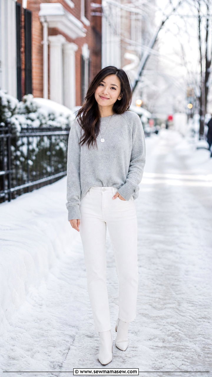 Light Gray Cashmere Sweater and White Straight Leg Jeans - 30 Clean girl outfit ideas petite