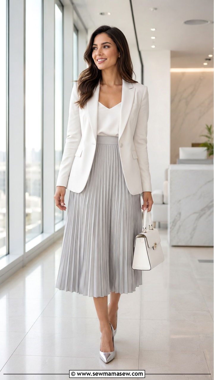 Light Gray Pleated Skirt With White Blazer - 30 Pleated skirt outfit ideas for work