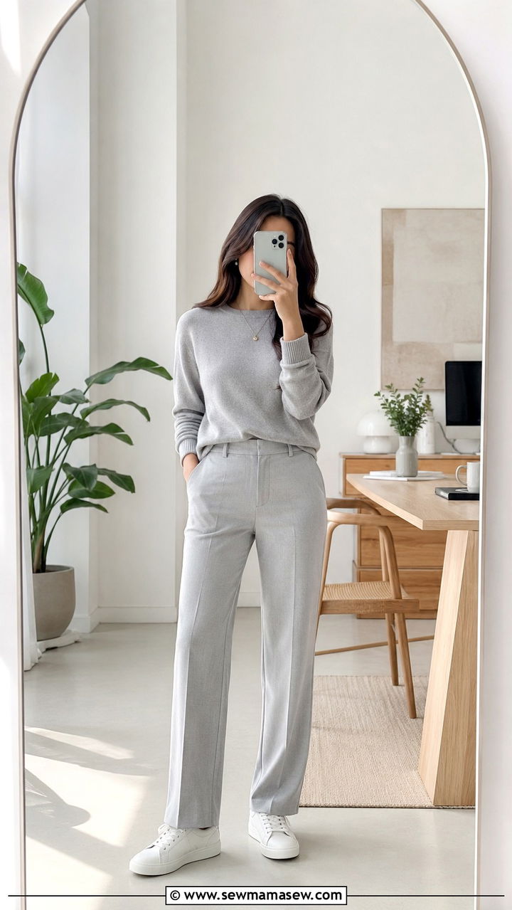 Light Gray Straight Leg Pants With a Monochrome Sweater - 25 Petite work outfit ideas with pants