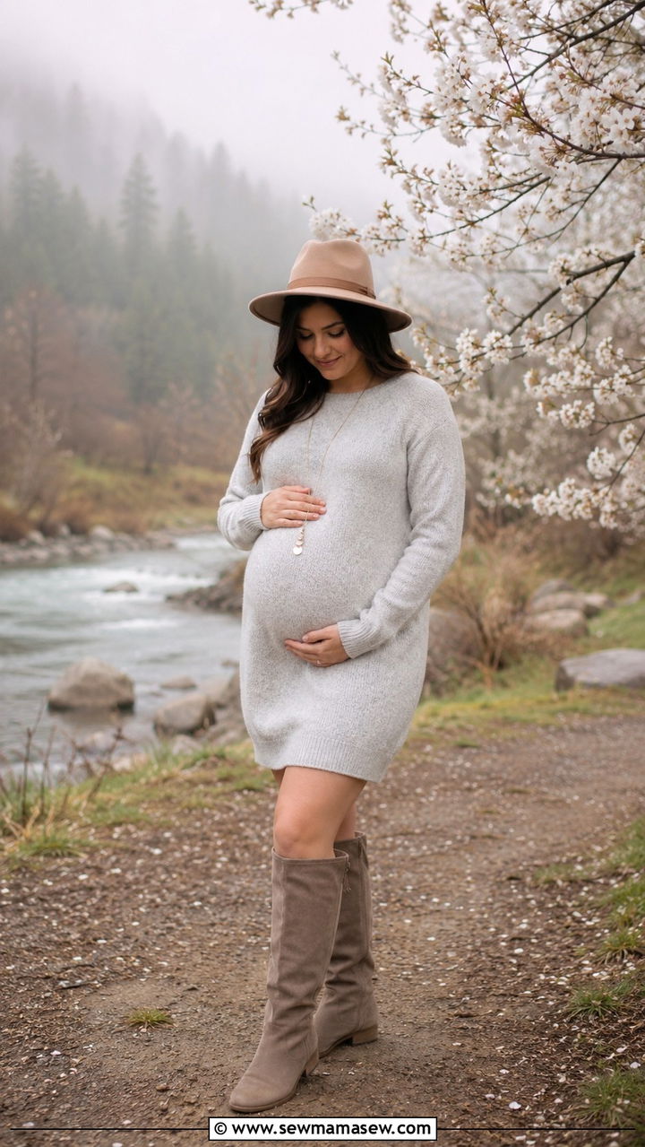 Light Gray Sweater Dress With Knee High Boots - 30 Spring maternity photo outfits