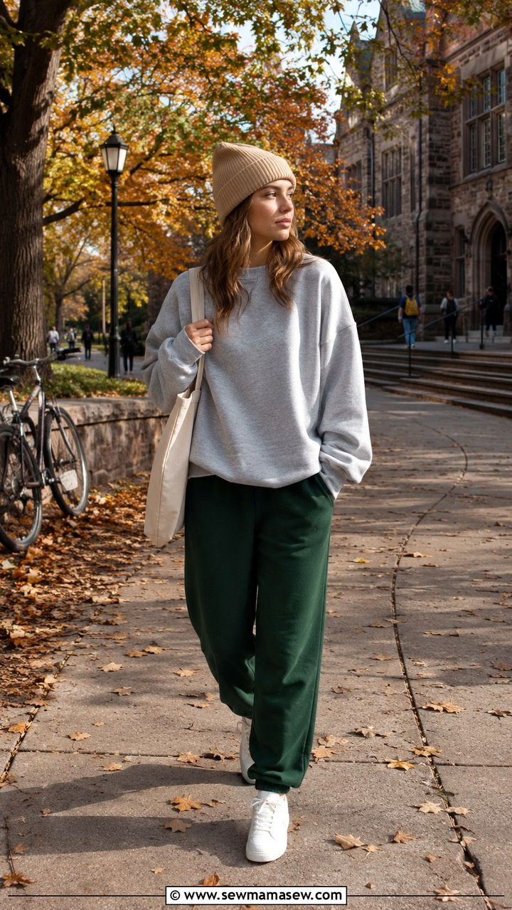 Light Gray Sweatshirt With Forest Green Sweatpants And White Sneakers - 30 School outfit ideas with sweatpants
