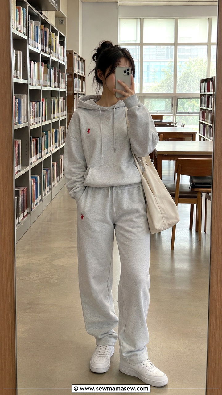 Light Gray Sweatsuit With Red Logo And White Sneakers - 30 School outfit ideas with sweatpants