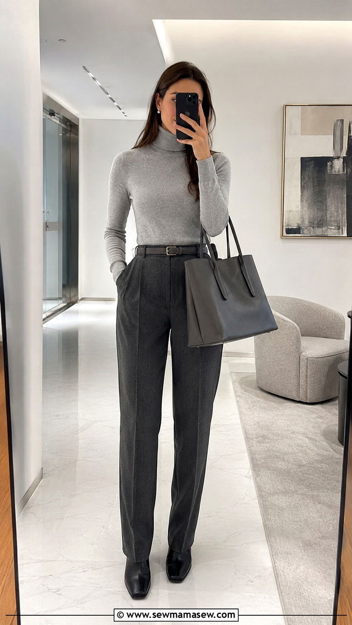 Light Gray Turtleneck And Charcoal Trousers For Mediation - 30 Mediation outfit ideas