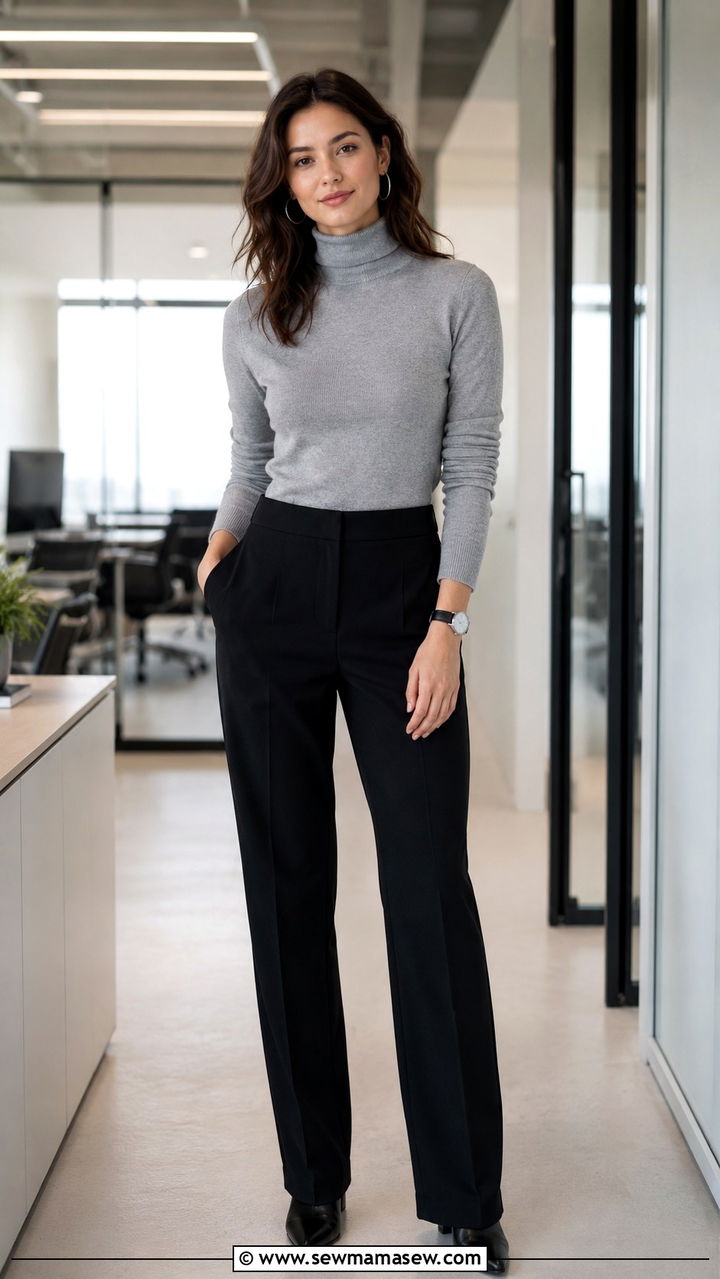 Light Gray Turtleneck With Black Straight Leg Trousers - 25 Virtual interview outfit ideas
