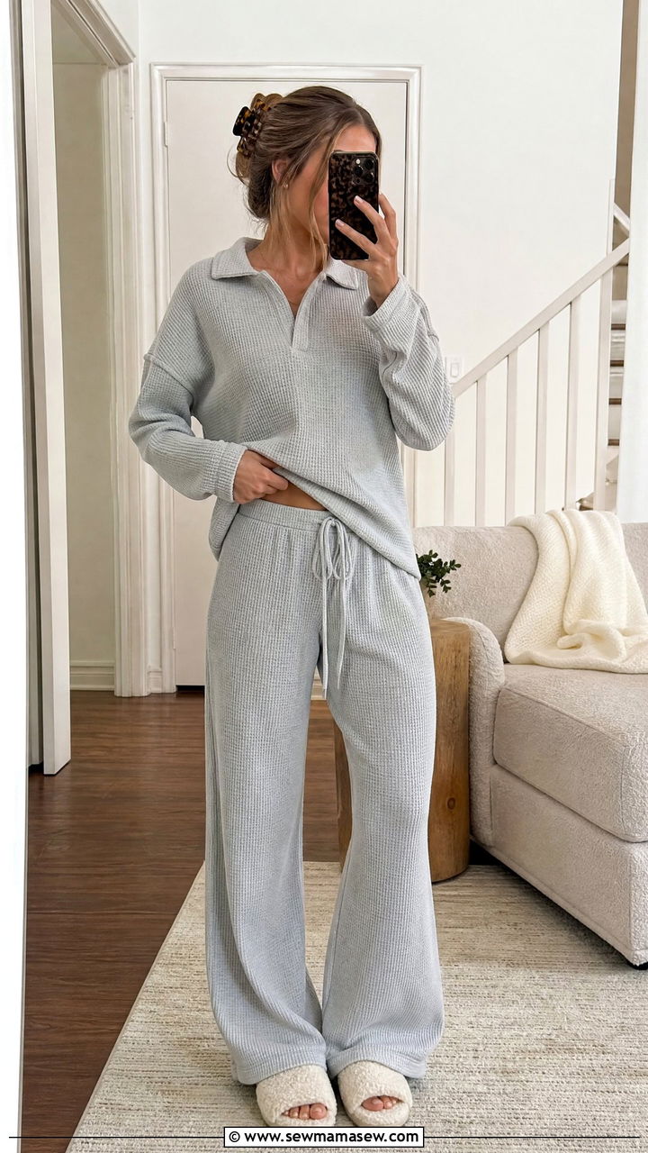 Light Gray Waffle Knit Lounge Set With Shearling Slippers - 25 Gray loungewear set outfit ideas