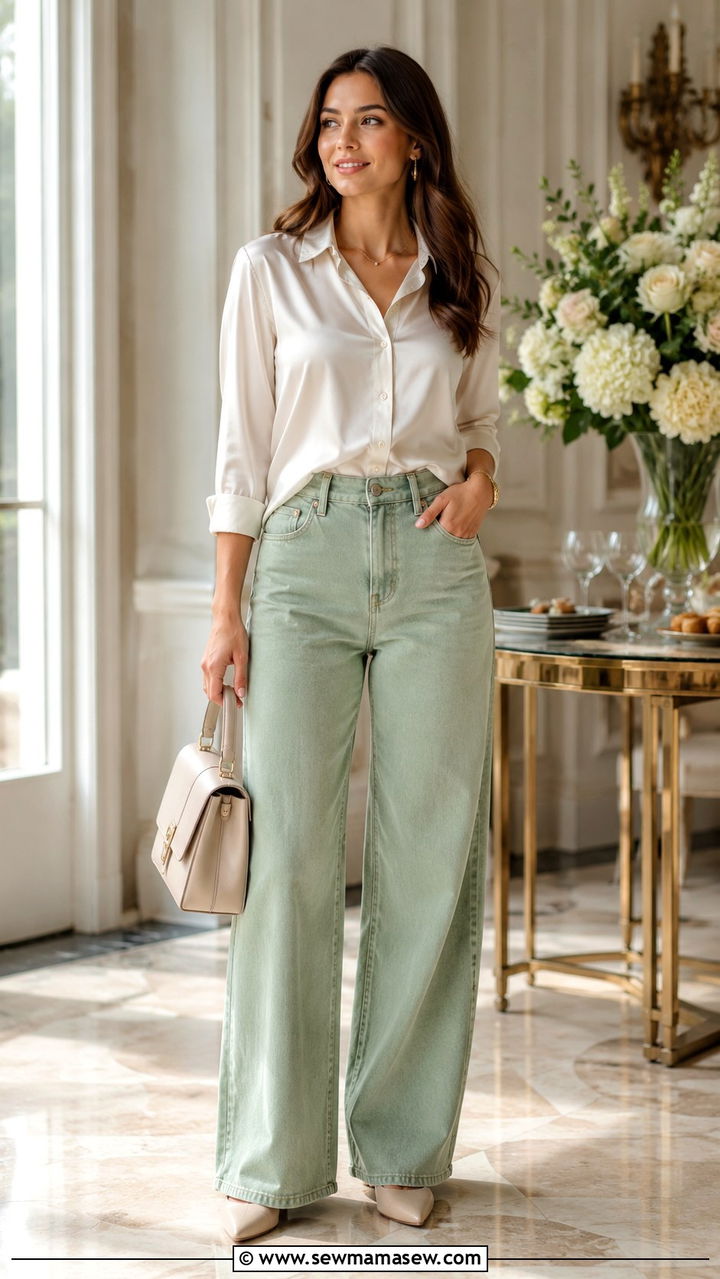 Light Green Jeans With Cream Blouse Outfit - 30 Green jeans outfit ideas