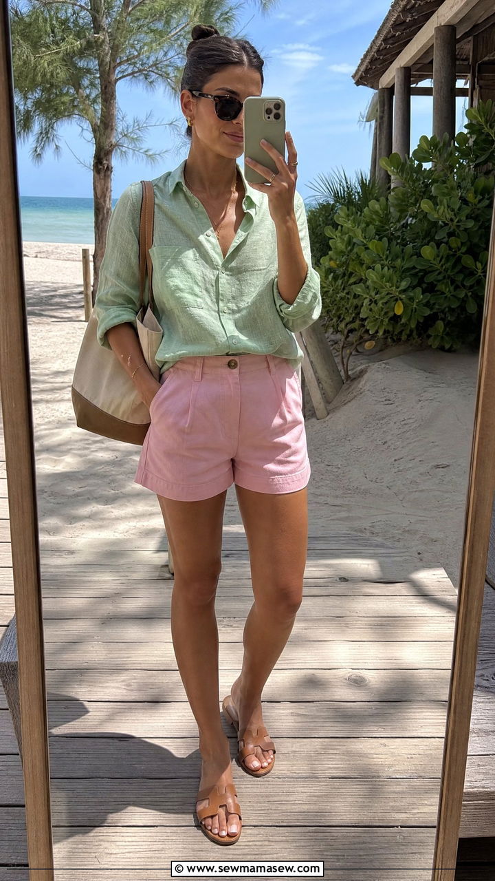 Light Green Linen Shirt and Pink Cotton Shorts - 25 Green and pink outfit ideas