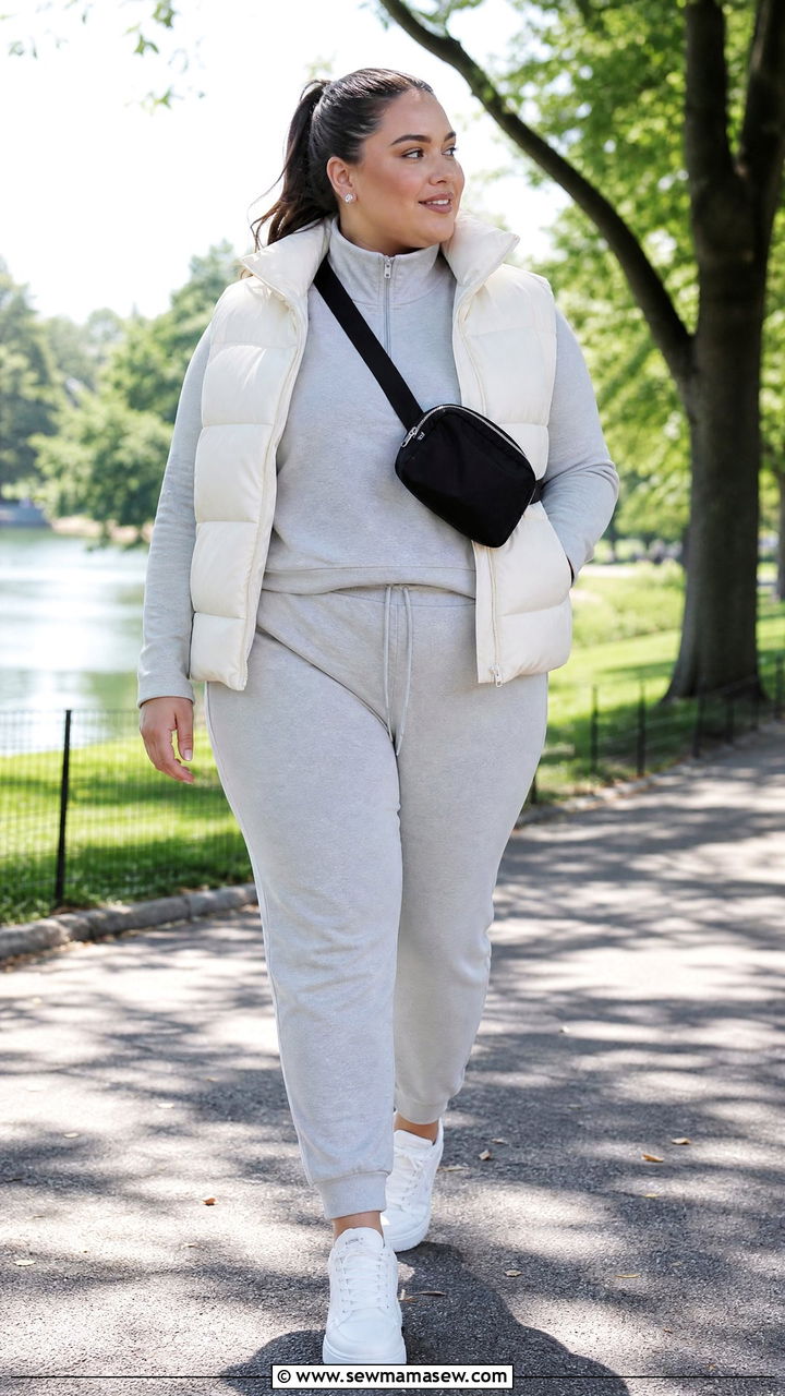Light Grey Jogger Set and Puffer Vest Casual Look - 30 Clean girl outfits plus size