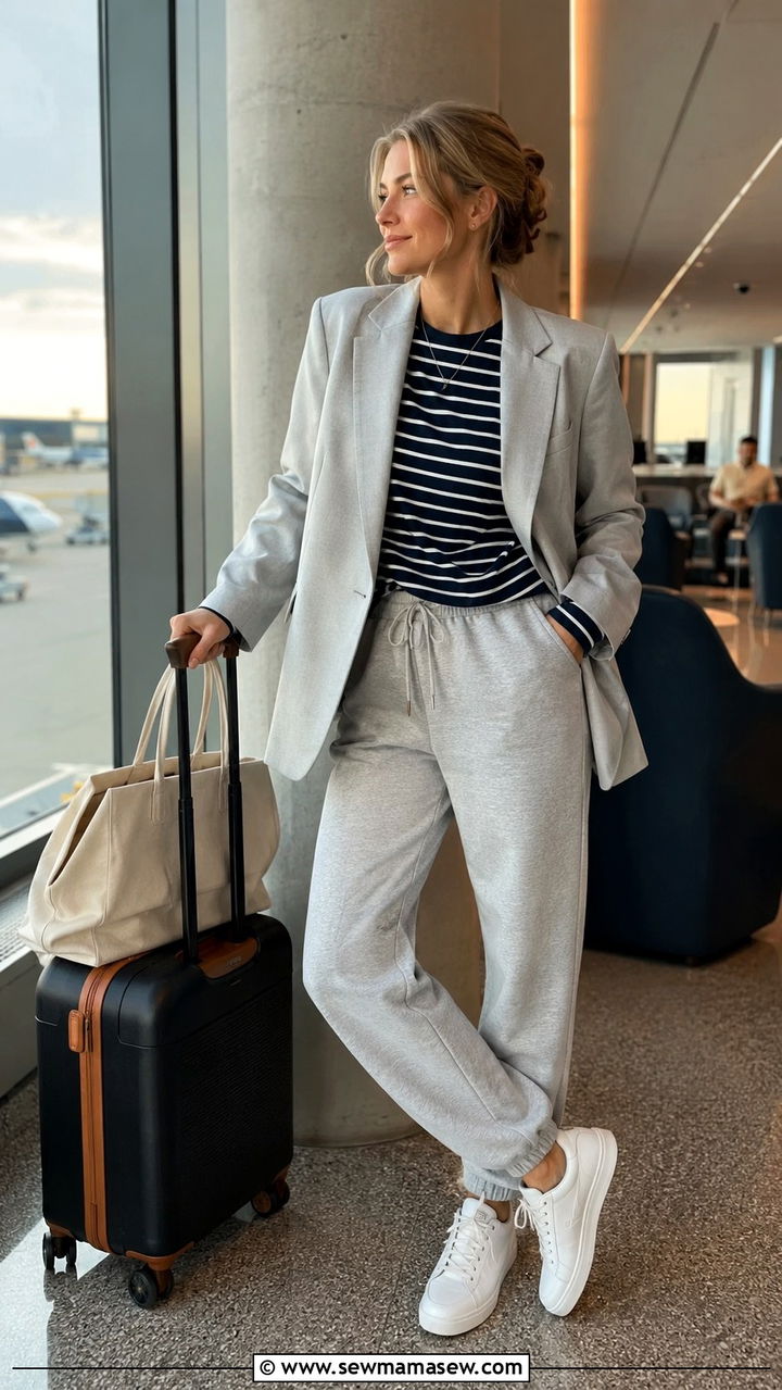 Light Grey Oversized Blazer With Striped Tee and Joggers - 30 Oversized blazer outfit ideas with a t-shirt