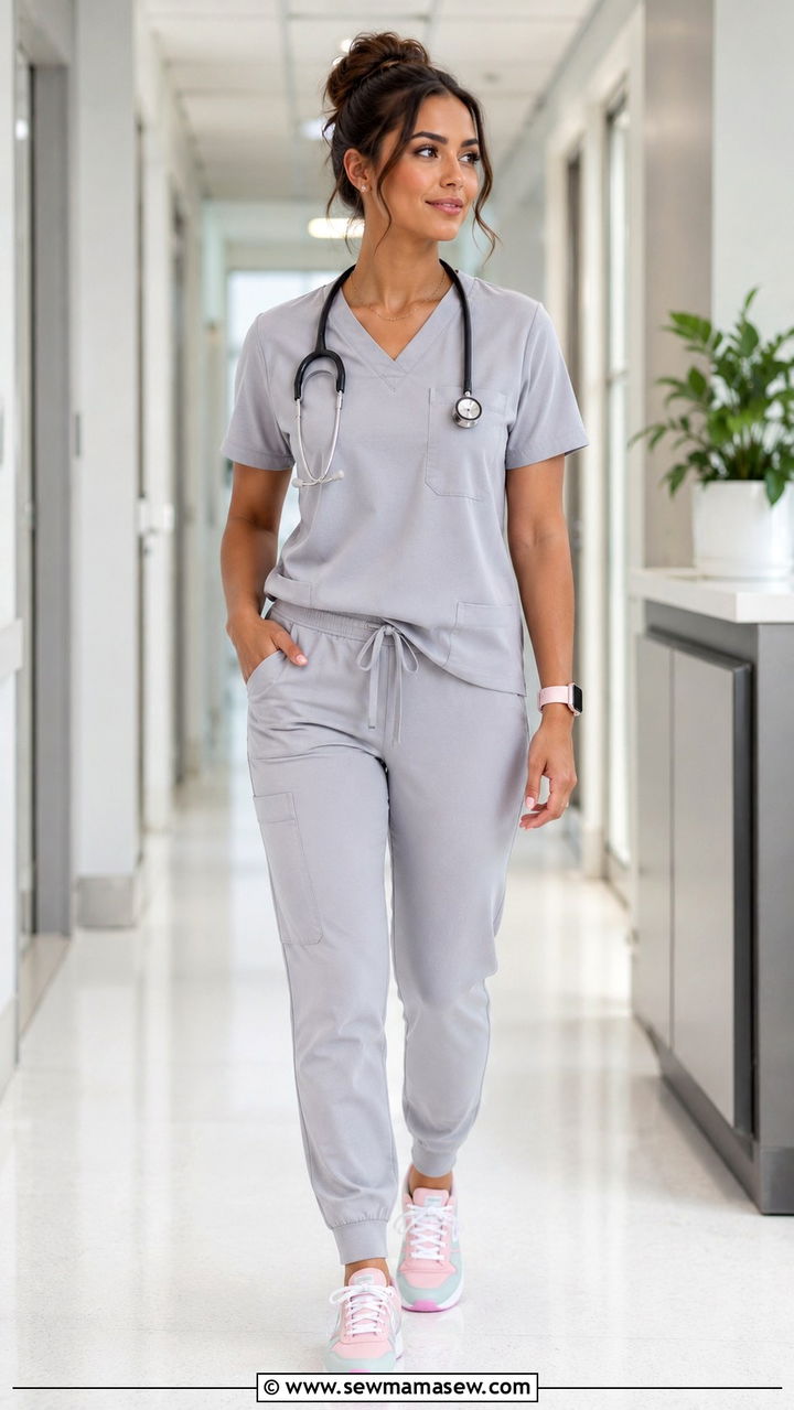 Light Grey Scrub Set with Pastel Sneakers - 30 Spring outfit ideas for nurse