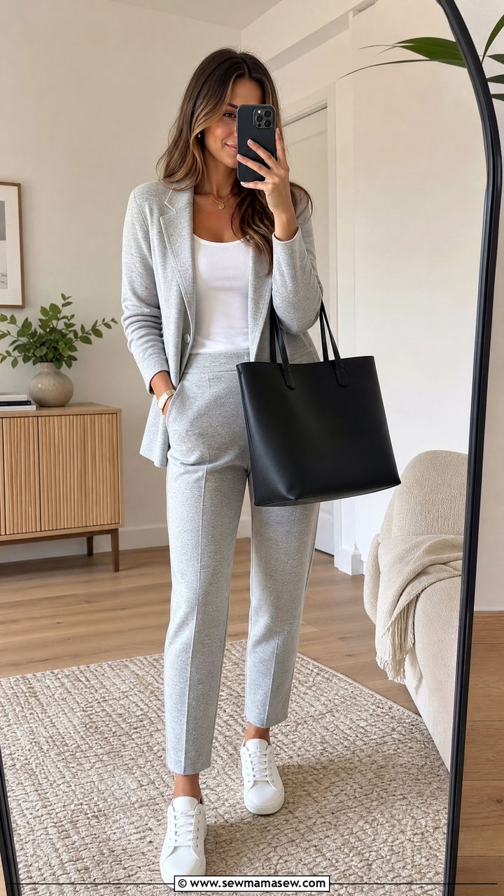 Light Grey Sweater Blazer and Matching Pants Set - 30 Matching set outfit ideas for work