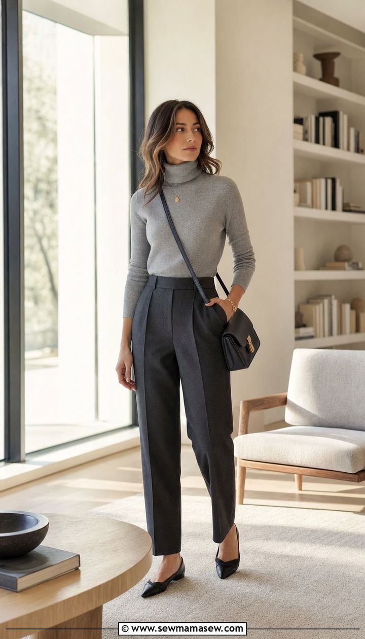 Light Grey Turtleneck with Dark Tailored Pants - 25 cute light academia outfits