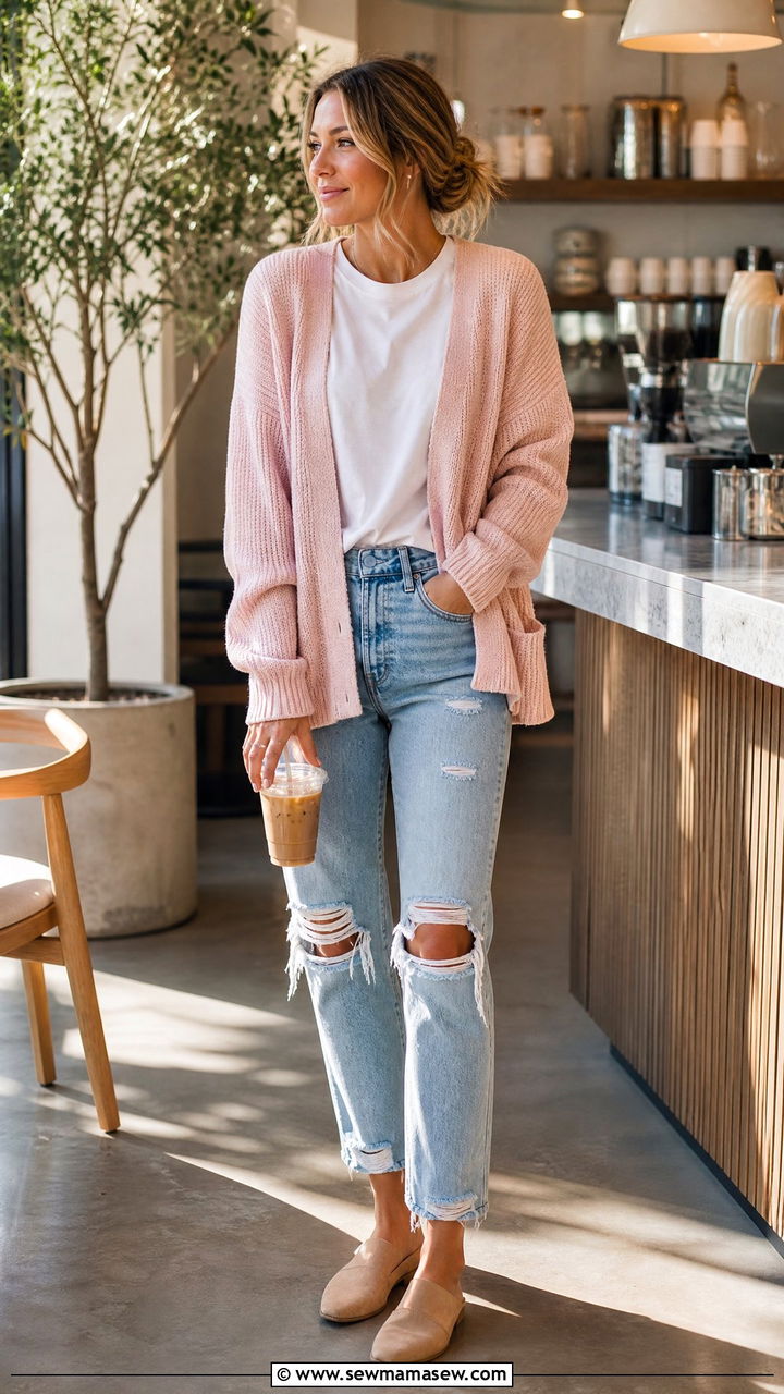 Light Pink Cardigan With A White Tee And Distressed Jeans - 35 Light pink outfit ideas