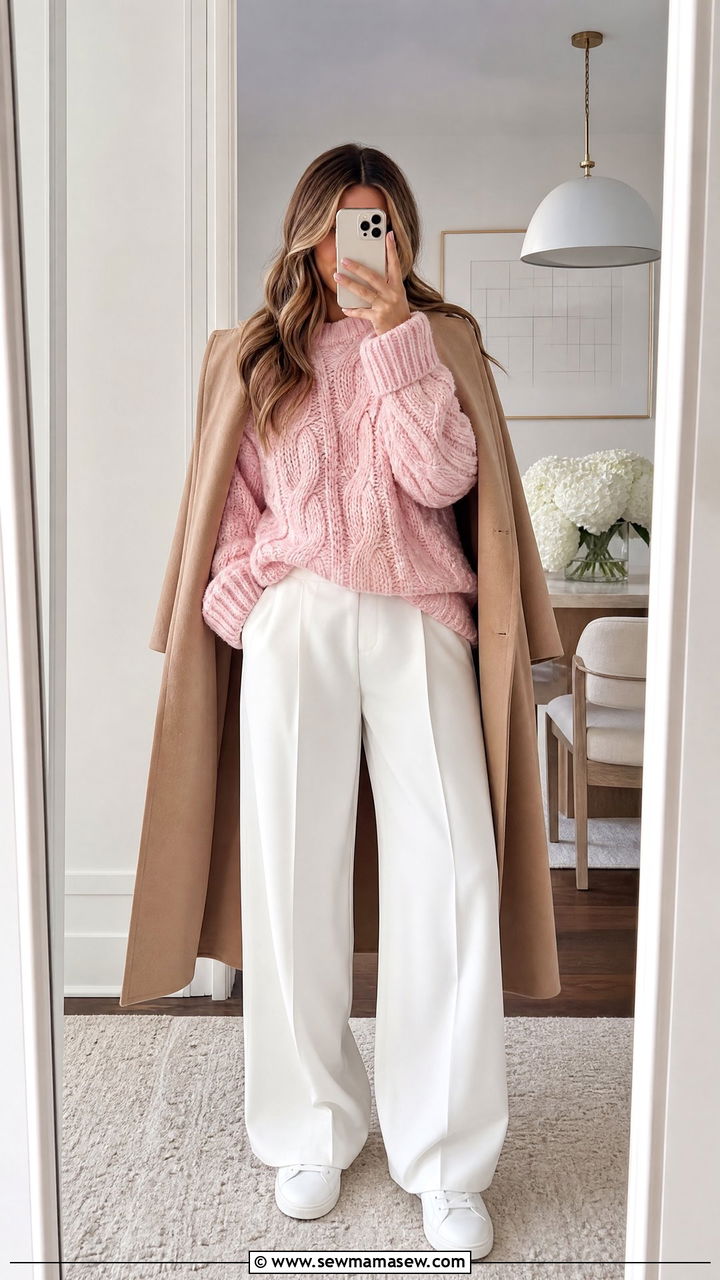 Light Pink Chunky Knit Sweater With White Wide Leg Pants - 35 Light pink outfit ideas