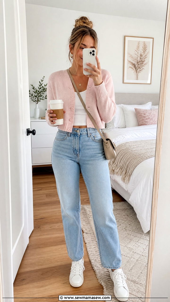 Light Pink Cropped Cardigan With High Waisted Jeans - 35 Light pink outfit ideas
