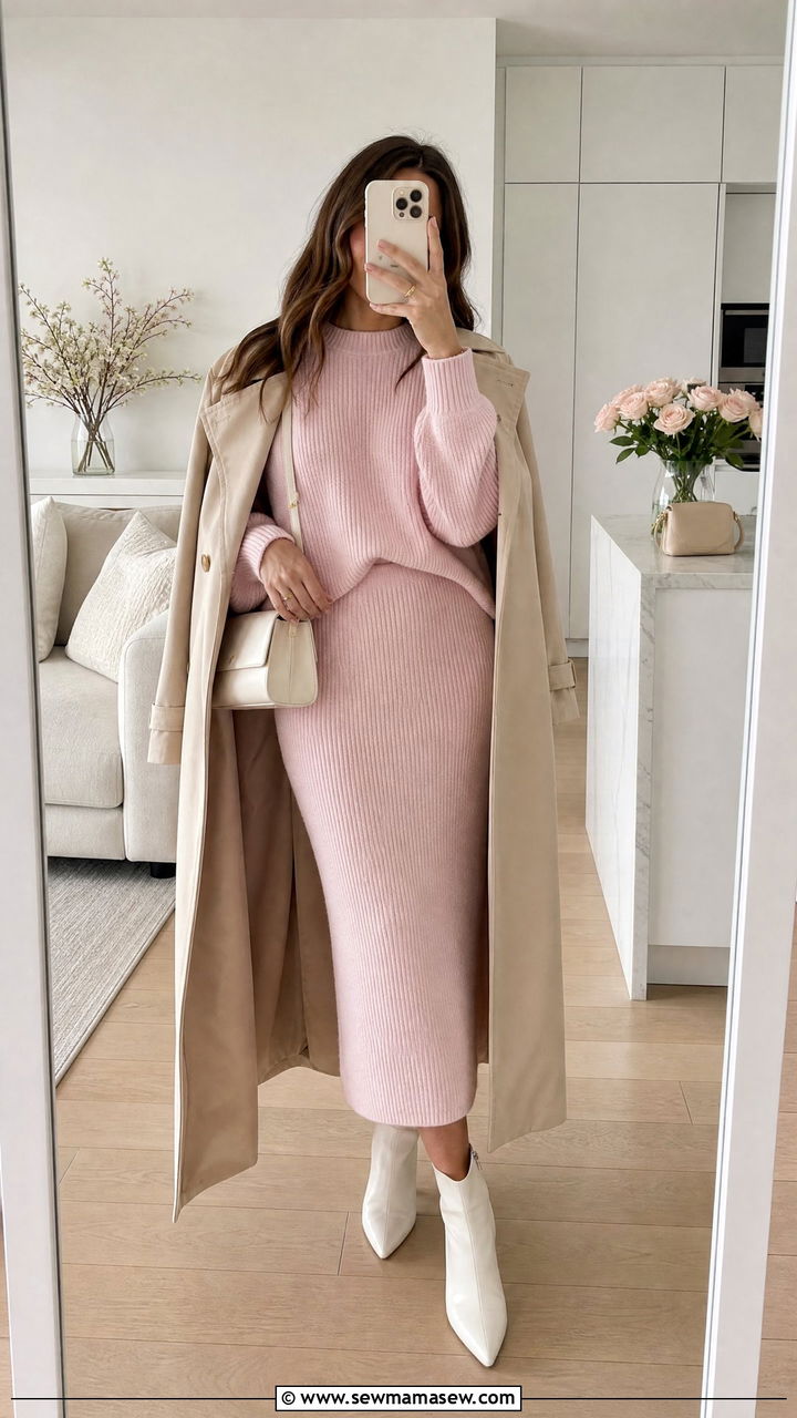 Light Pink Matching Sweater And Midi Skirt Set - 35 Light pink outfit ideas