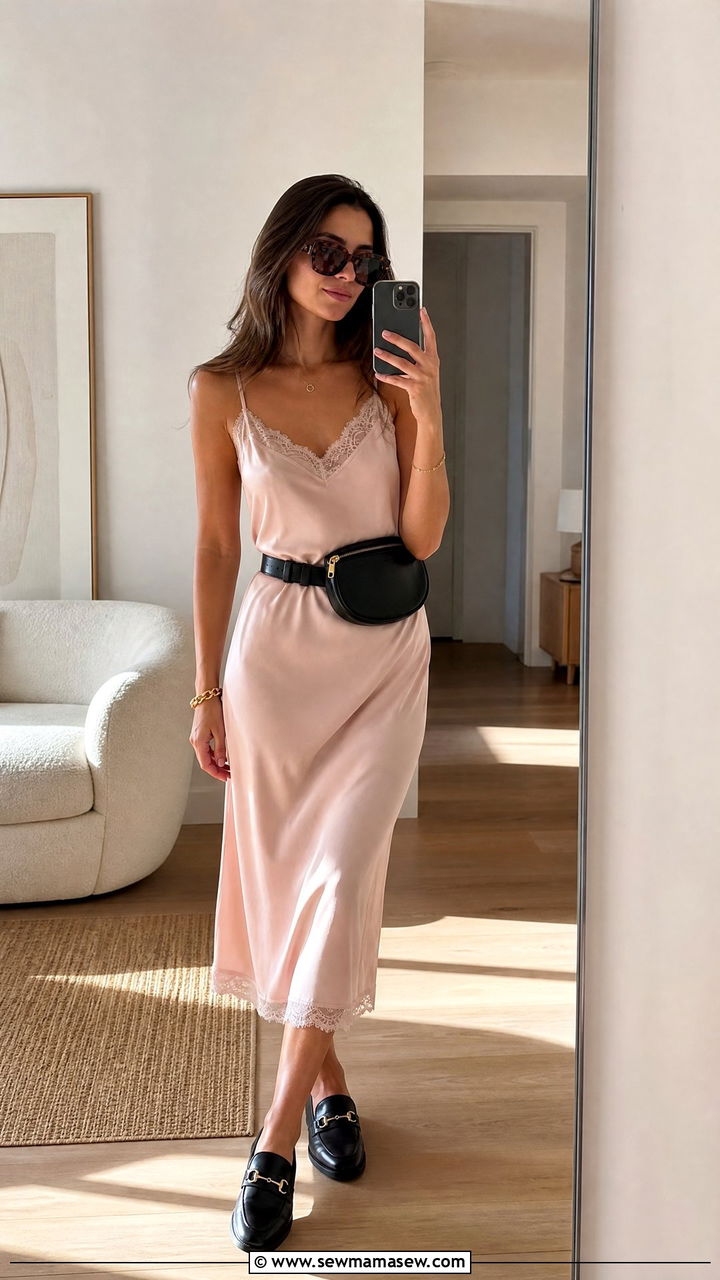 Light Pink Midi Slip Dress With Leather Loafers - 35 Light pink outfit ideas