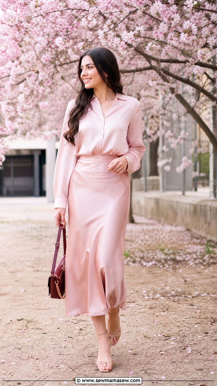 Light Pink Monochrome Outfit with Satin Skirt - 25 outfit ideas for modest women