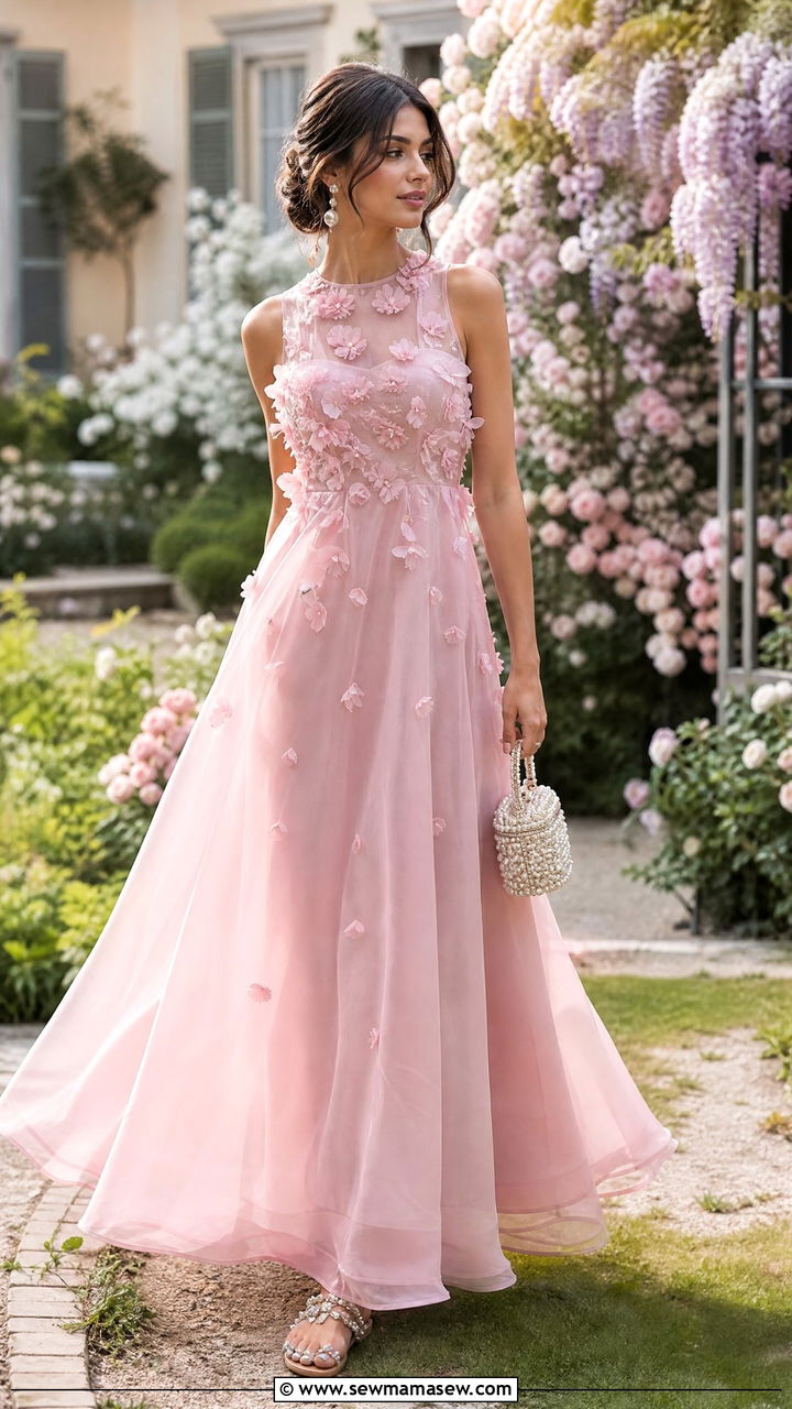 Light Pink Organza Maxi Dress With Embellished Flats - 35 Light pink outfit ideas