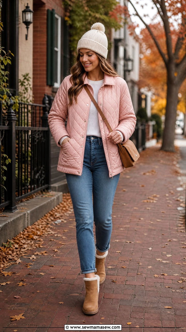 Light Pink Quilted Jacket With Blue Jeans And Beanie - 35 Light pink outfit ideas