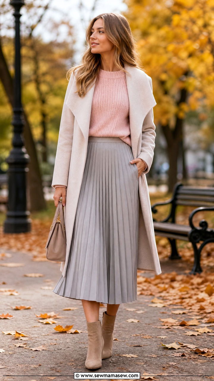 Light Pink Sweater With Gray Pleated Midi Skirt - 35 Light pink outfit ideas