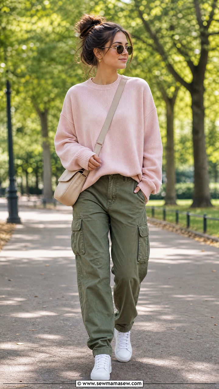 Light Pink Sweater and Olive Green Cargo Pants - 25 Green and pink outfit ideas