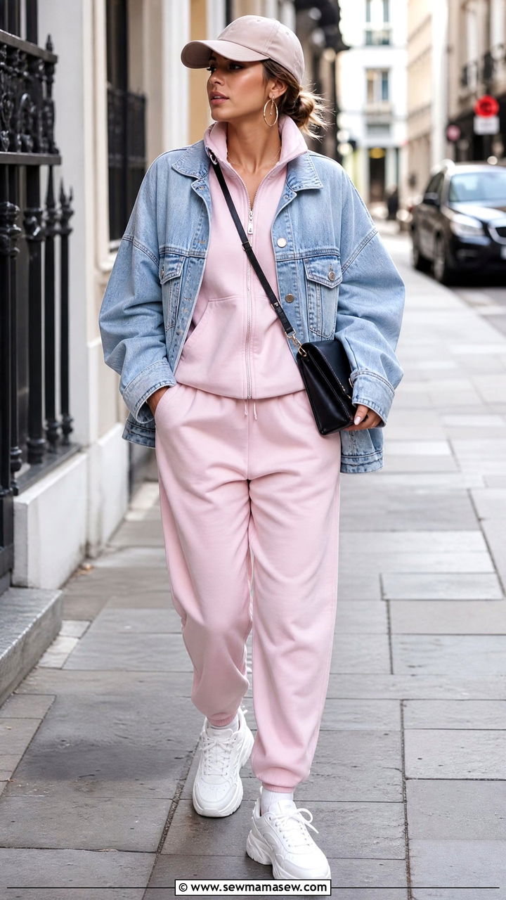 Light Pink Tracksuit With Denim Jacket And Chunky Sneakers - 35 Light pink outfit ideas