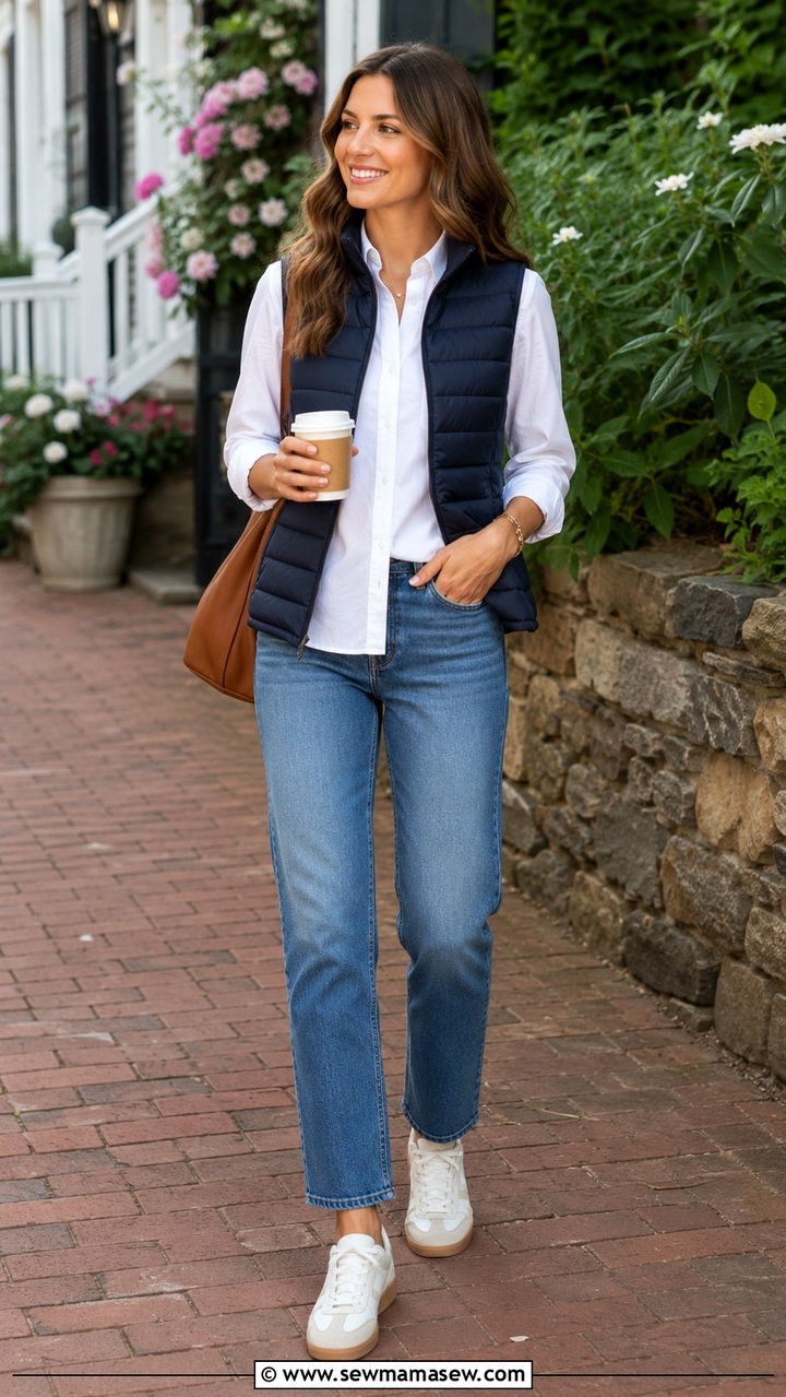 Light Puffer Vest Over a Button Down Shirt With Straight Leg Jeans - 20 Spring outfits for 50 degree weather