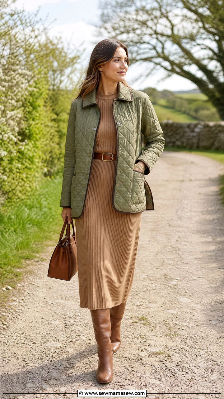 Light Quilted Jacket Over a Ribbed Dress - 20 Spring outfits for 60 degree weather