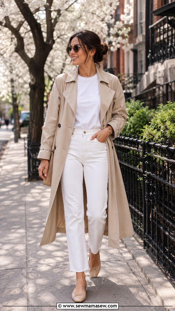 Light Trench Coat With White Jeans - 30 Late April outfit ideas
