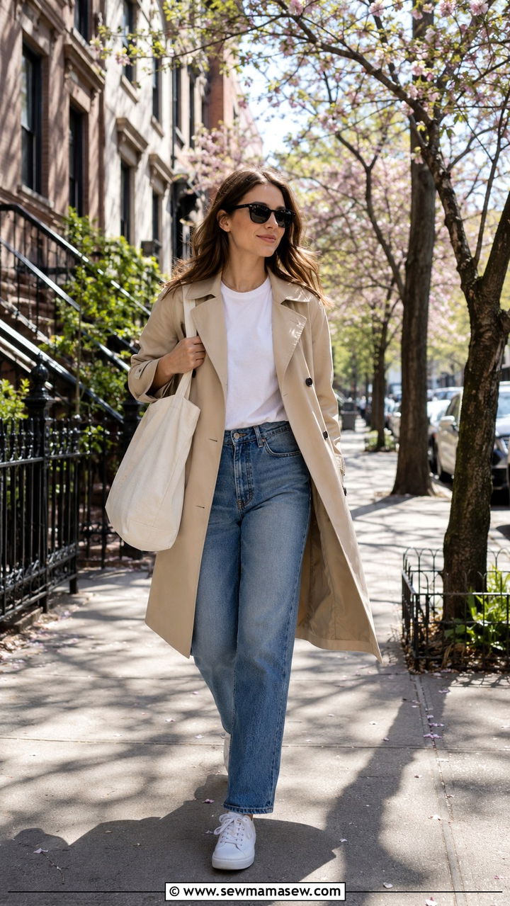 Light Trench Coat With White Tee And Blue Jeans - 25 Mid May outfit ideas