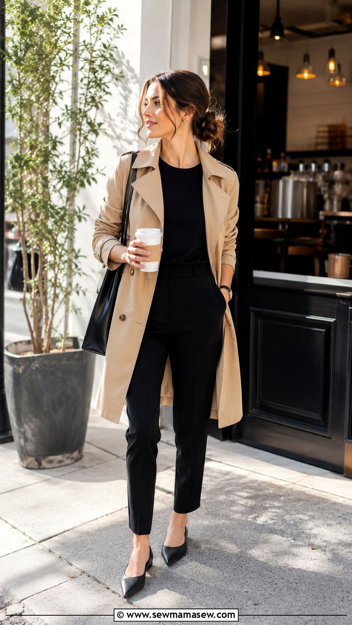 Light Trench Coat with Black Top and Slim Black Trousers - 30 Spring outfit ideas for barista