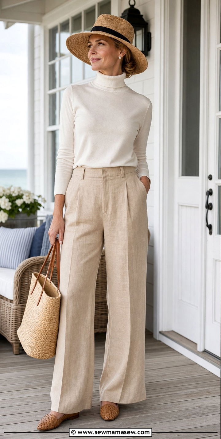 Light Turtleneck With Linen Pants - 25 coastal grandmother outfits inspo