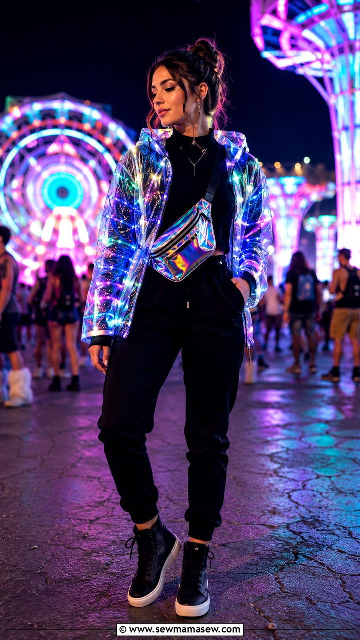 Light Up Jacket with Black Joggers - 30 modest music festival outfit ideas