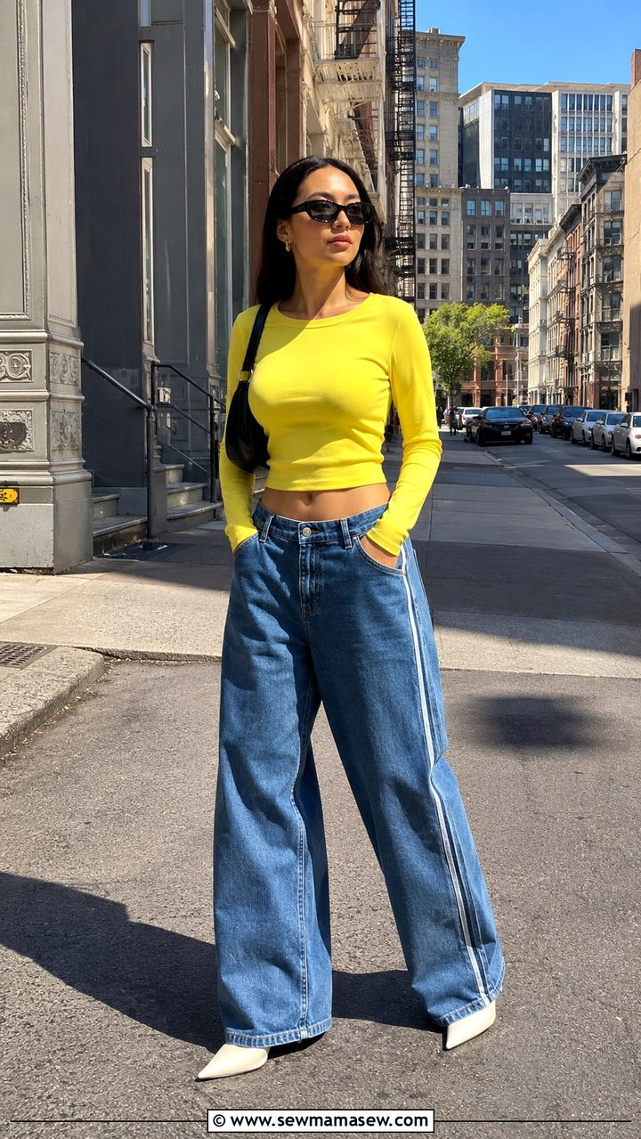 Light Wash Baggy Jeans With Bright Yellow Top - 20 summer outfits 2026 women inspo