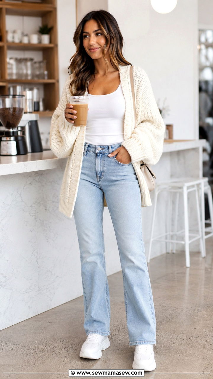 Light Wash Bootcut Jeans With a Chunky Knit Cardigan and Sneakers - 25 Bootcut jeans outfit ideas with a cardigan
